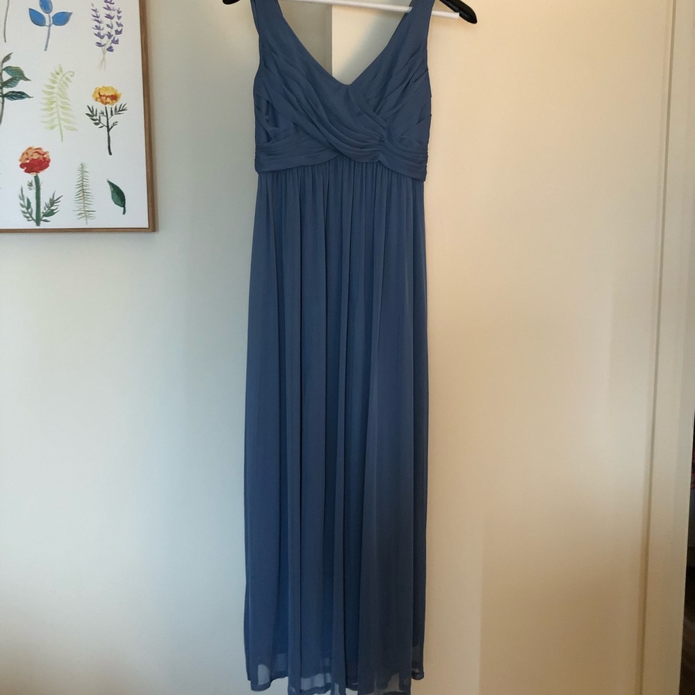 David’s Bridal Steel Blue Cowl Back dress F15933